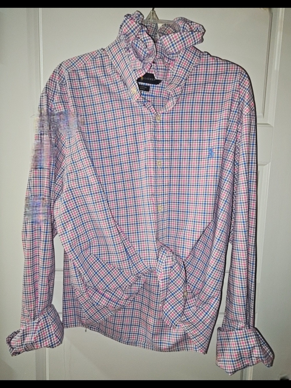 Ralph Lauren Pink & Blue Plaid Button-Down Upcycled Ruffle Shirt